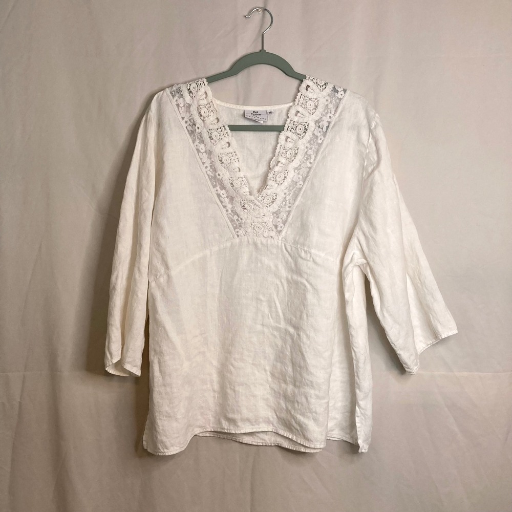 White 100% Linen Lace Trim V-Neck Blouse Hot Cotton Woman 1X Made in USA Coastal